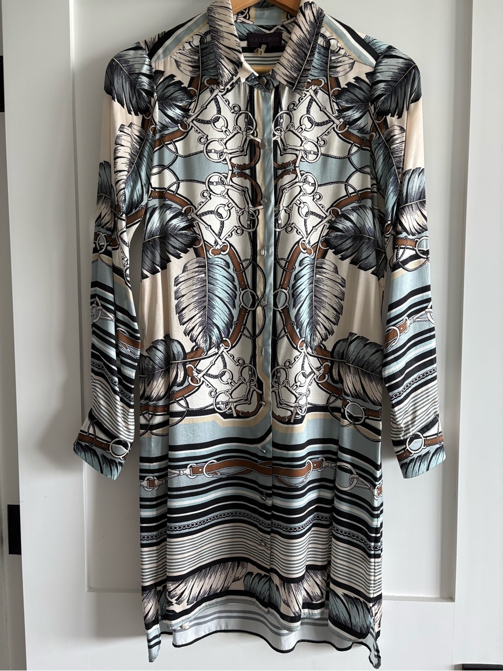 Hale Bob Cream, Blue & Brown Feather-Print Long Sleeve silk Shirt Dress